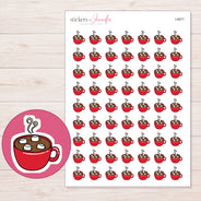 Red Hot Chocolate Mug Planner Stickers | I-8977 — 5 × 7 inch sheet and enlarged sticker detail