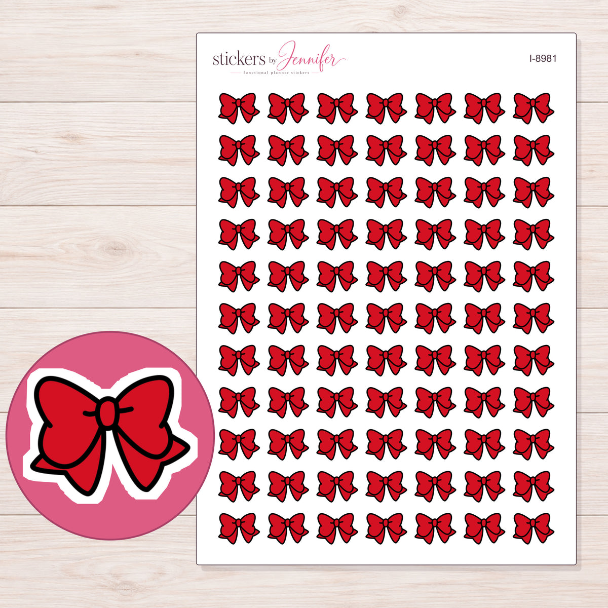 Red Kawaii Bow Planner Stickers | I-8981 — 5 × 7 inch sheet and enlarged sticker detail