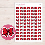 Red Kawaii Bow Planner Stickers | I-8981 — 5 × 7 inch sheet and enlarged sticker detail