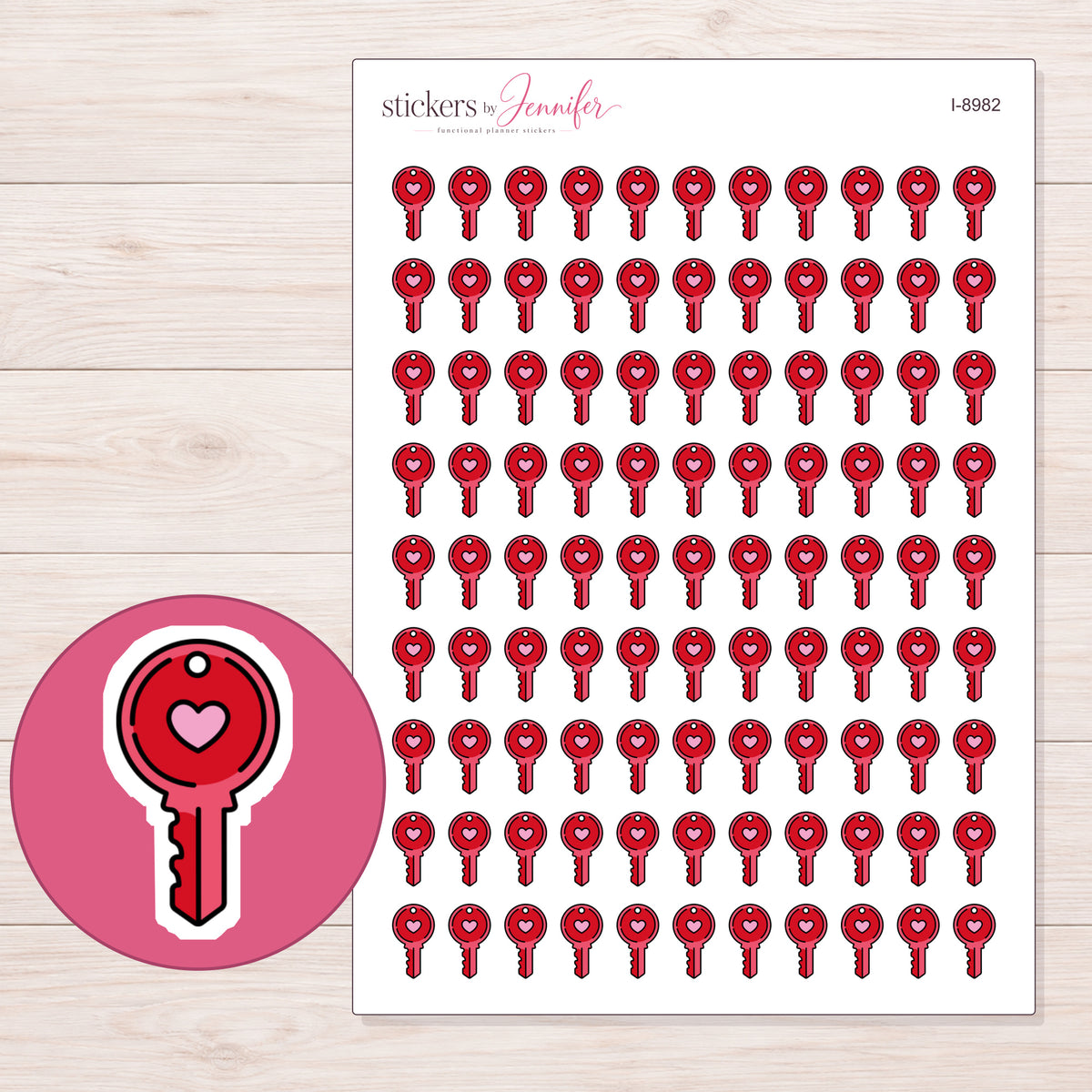 Red Heart Key Planner Stickers | I-8982 — 5 × 7 inch sheet and enlarged sticker detail