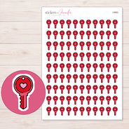 Red Heart Key Planner Stickers | I-8982 — 5 × 7 inch sheet and enlarged sticker detail