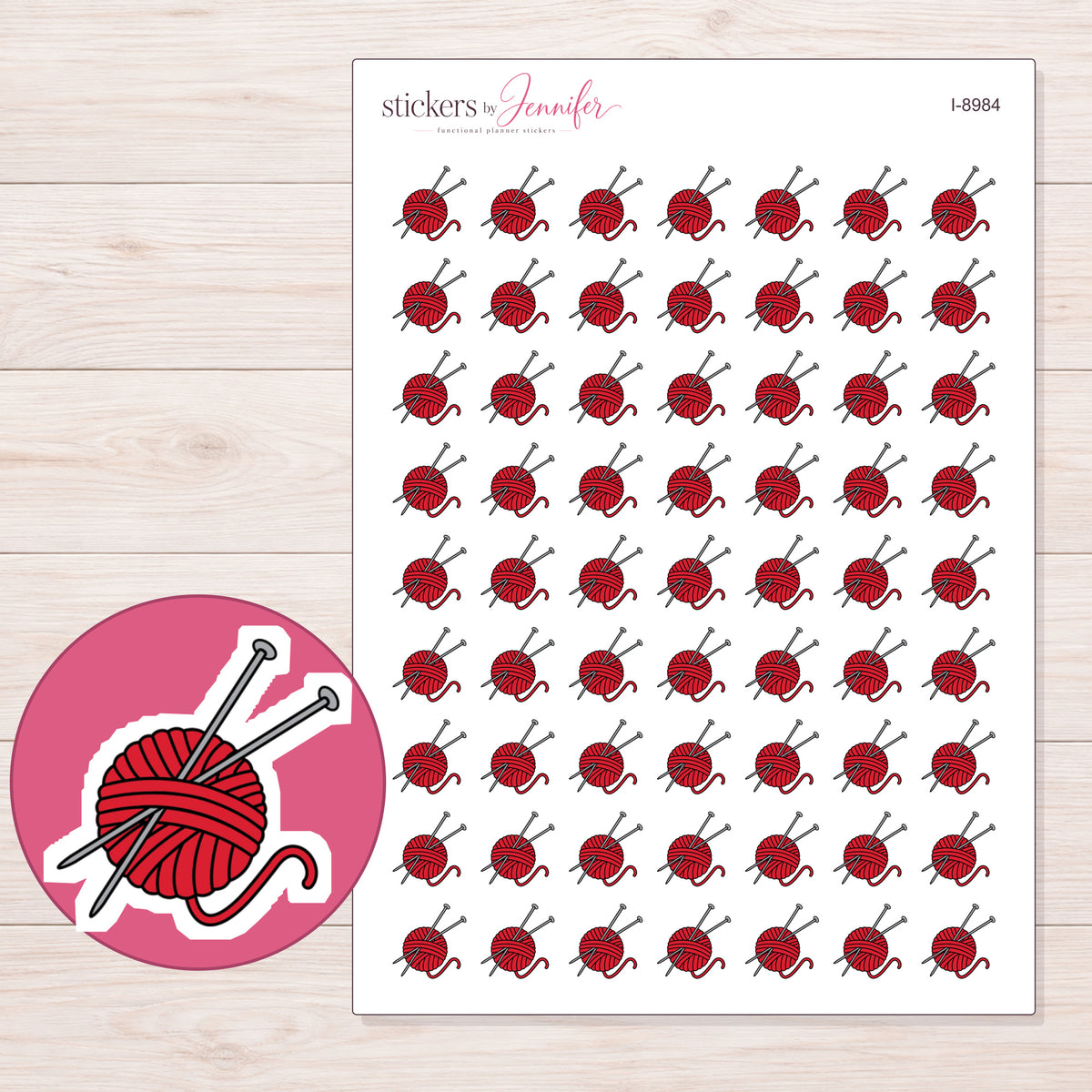 Red Yarn Ball and Needles Planner Stickers | I-8984 — 5 × 7 inch sheet and enlarged sticker detail