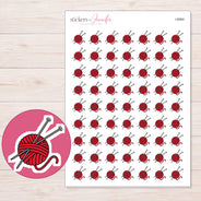 Red Yarn Ball and Needles Planner Stickers | I-8984 — 5 × 7 inch sheet and enlarged sticker detail