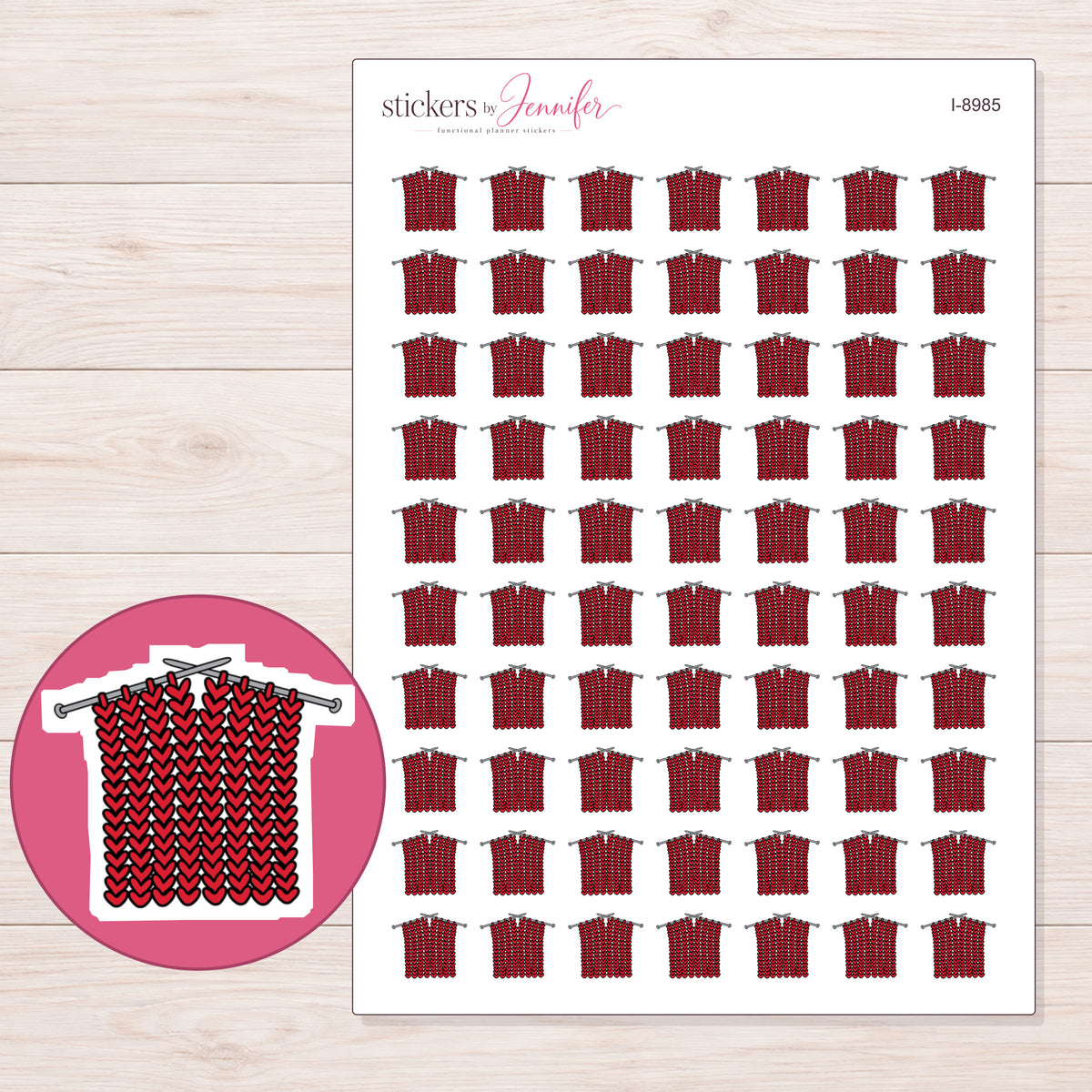 Red Knitting Project Planner Stickers | I-8985 — 5 × 7 inch sheet and enlarged sticker detail