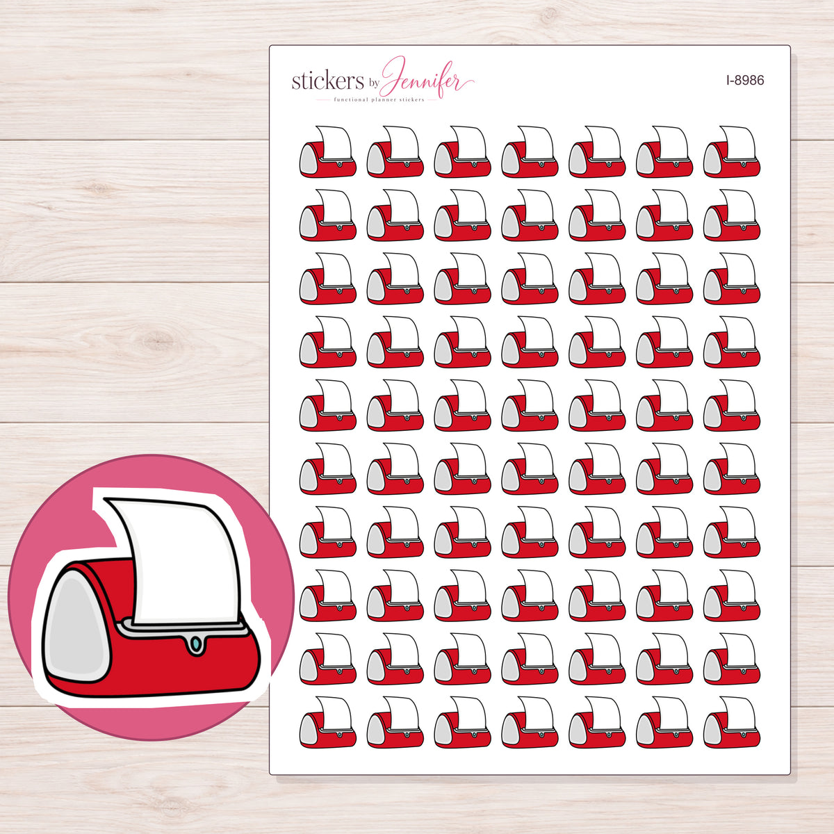 Red Label Printer Planner Stickers | I-8986 — 5 × 7 inch sheet and enlarged sticker detail