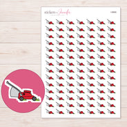 Red Lawn Mower Planner Stickers | I-8990 — 5 × 7 inch sheet and enlarged sticker detail