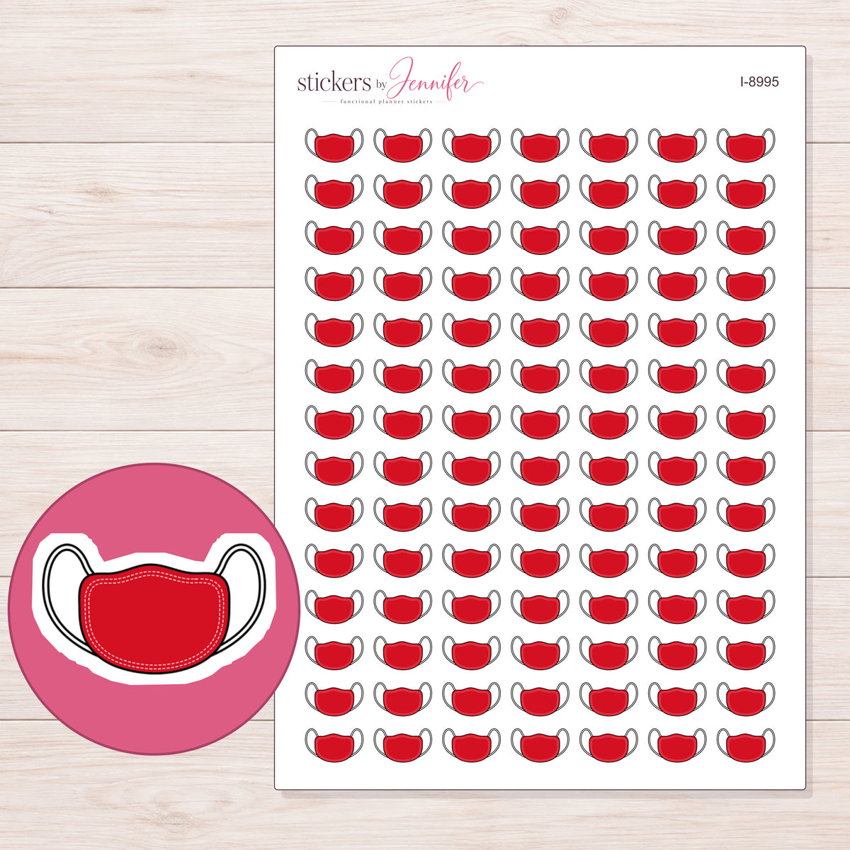 Red Face Mask Planner Stickers | I-8995 — 5 × 7 inch sheet and enlarged sticker detail