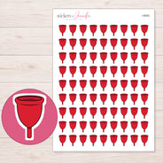 Red Menstrual Cup Planner Stickers | I-9000 — 5 × 7 inch sheet and enlarged sticker detail