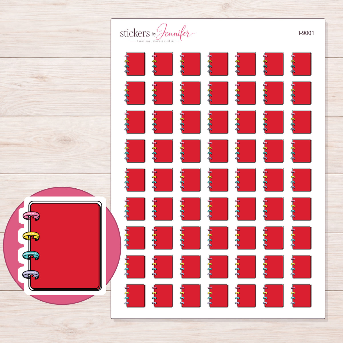 Red Mini Disc Notebook Planner Stickers | I-9001 — 5 × 7 inch sheet and enlarged sticker detail