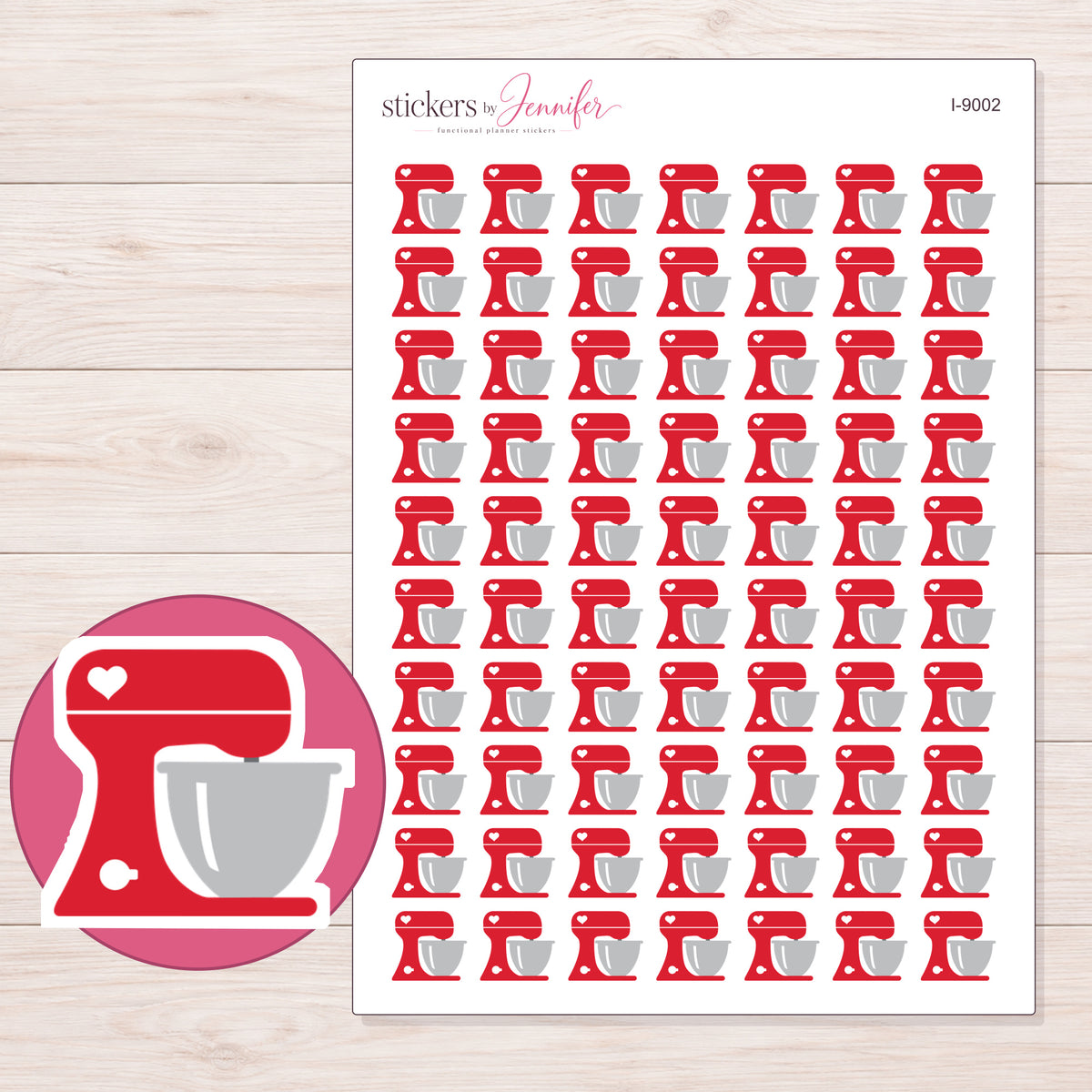 Red Heart Stand Mixer Planner Stickers | I-9002 — 5 × 7 inch sheet and enlarged sticker detail