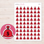 Red Money Bag Planner Stickers | I-9004 — 5 × 7 inch sheet and enlarged sticker detail