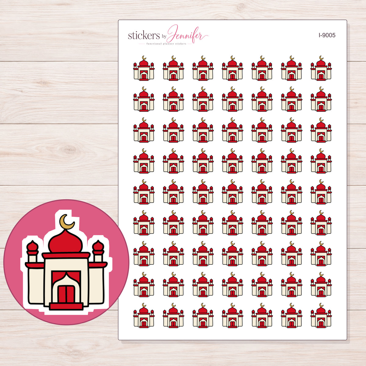 Red Dome Mosque Planner Stickers | I-9005 — 5 × 7 inch sheet and enlarged sticker detail