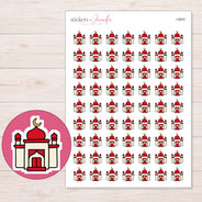 Red Dome Mosque Planner Stickers | I-9005 — 5 × 7 inch sheet and enlarged sticker detail