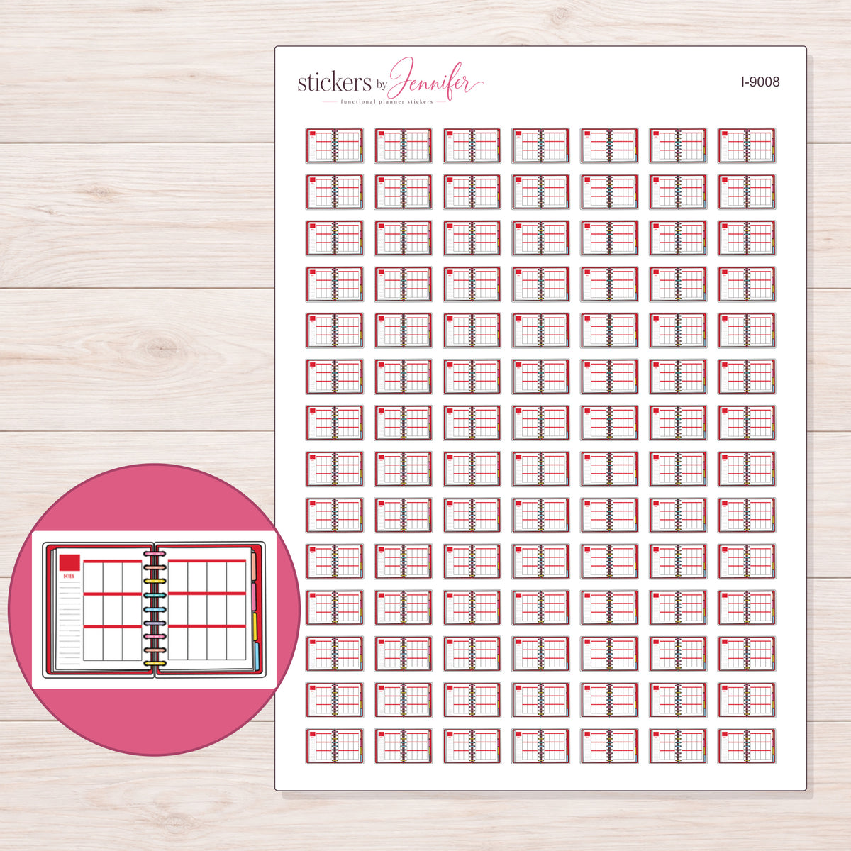 Open Red Weekly Planner Planner Stickers | I-9008 — 5 × 7 inch sheet and enlarged sticker detail