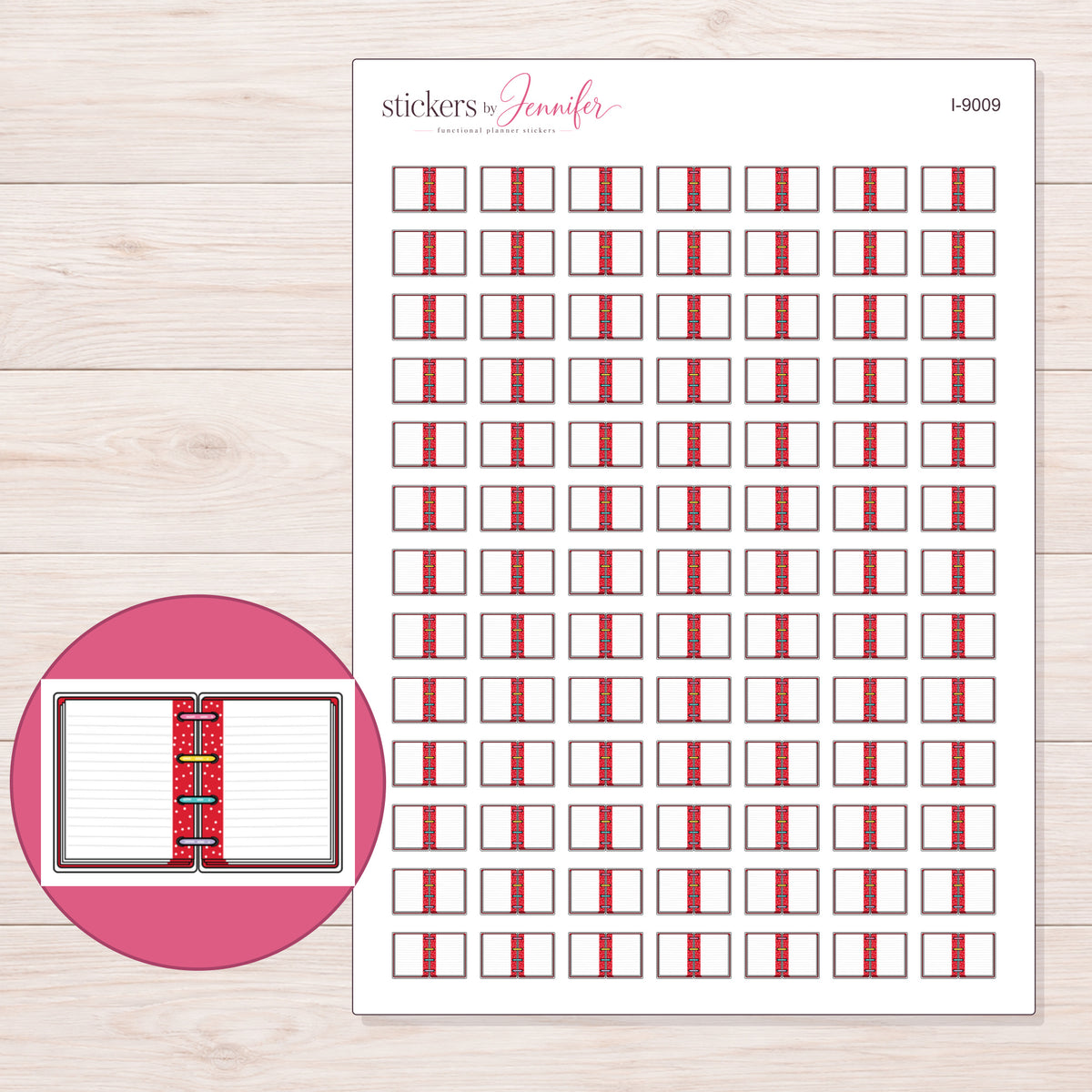 Open Red Mini Notebook Planner Stickers | I-9009 — 5 × 7 inch sheet and enlarged sticker detail