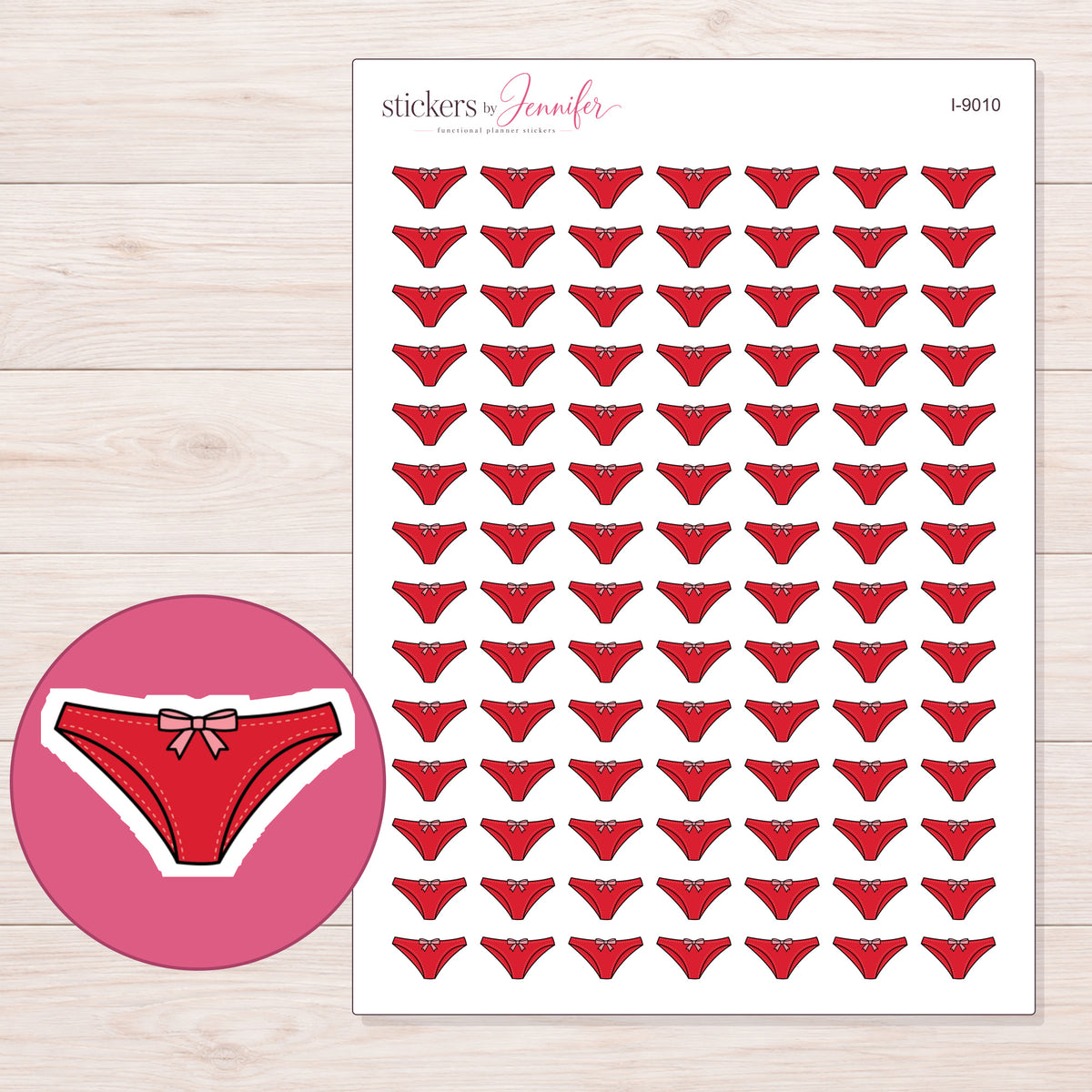 Red Bow Underwear Planner Stickers | I-9010 — 5 × 7 inch sheet and enlarged sticker detail