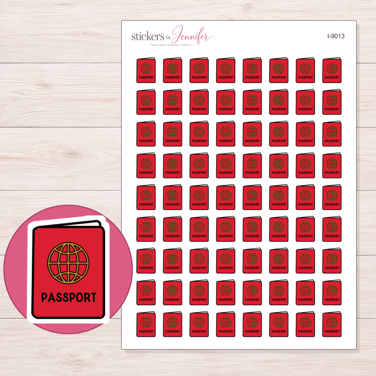 Red Passport Planner Stickers | I-9013 — 5 × 7 inch sheet and enlarged sticker detail