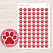Solid Red Paw Print Planner Stickers | I-9014 — 5 × 7 inch sheet and enlarged sticker detail
