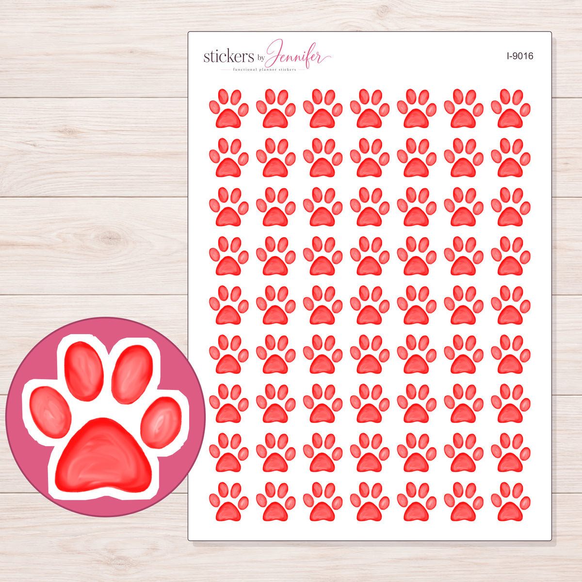 Bright Red Watercolor Paw Planner Stickers | I-9016 — 5 × 7 inch sheet and enlarged sticker detail