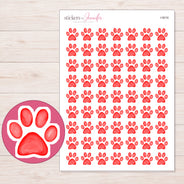 Bright Red Watercolor Paw Planner Stickers | I-9016 — 5 × 7 inch sheet and enlarged sticker detail