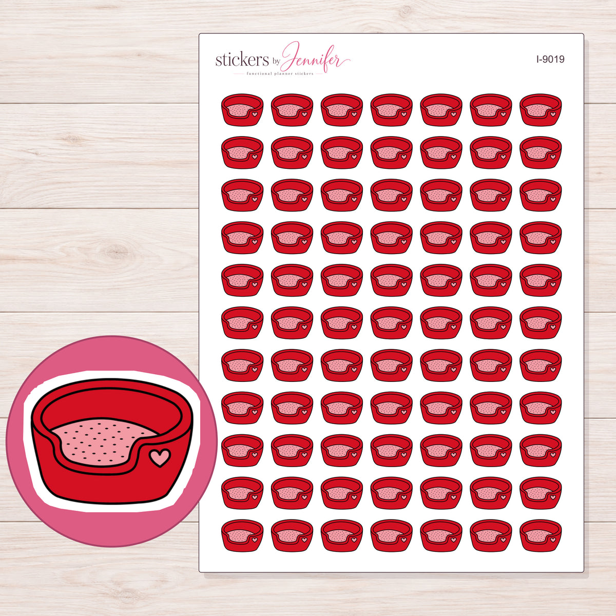 Red Heart Pet Bed Planner Stickers | I-9019 — 5 × 7 inch sheet and enlarged sticker detail