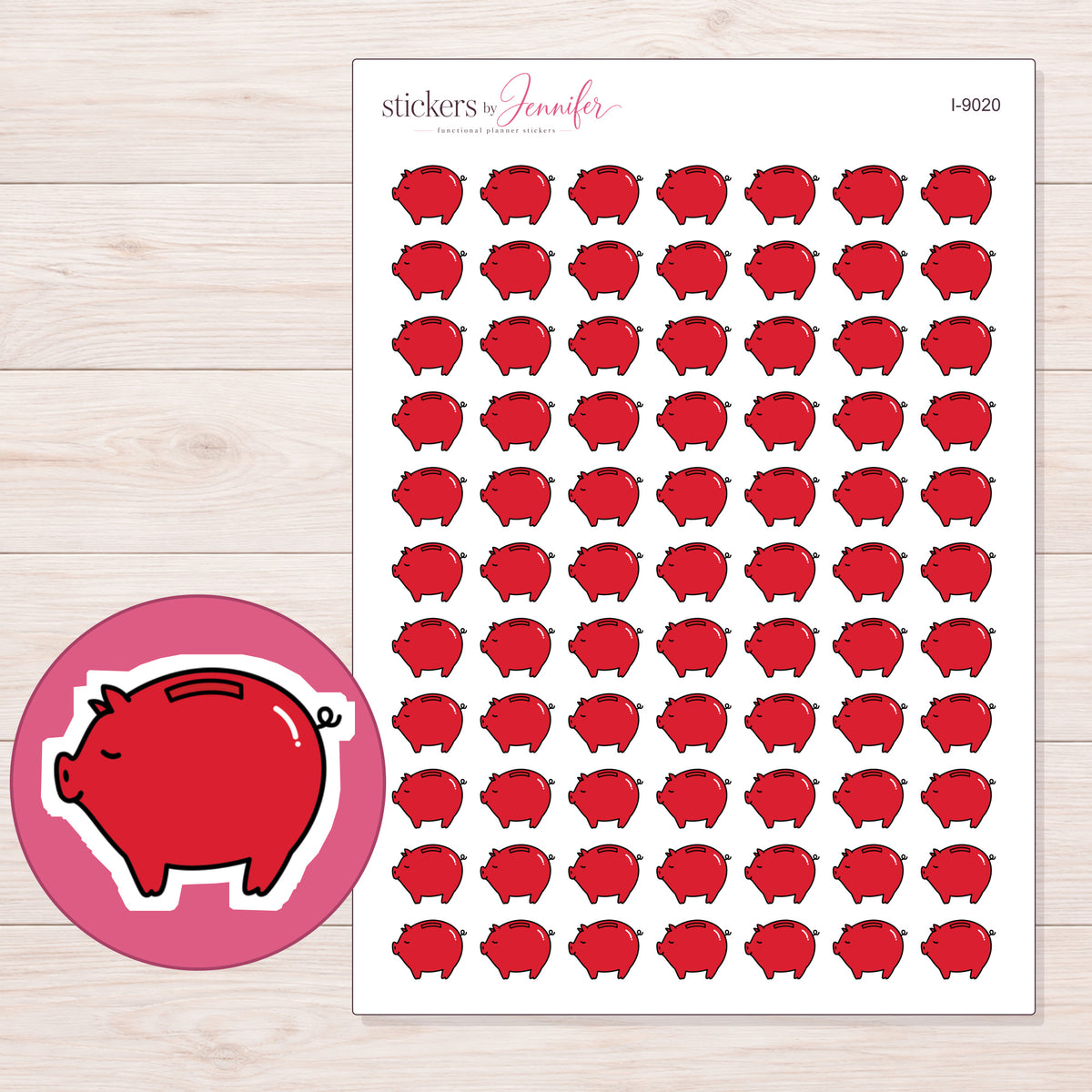 Red Piggy Bank Planner Stickers | I-9020 — 5 × 7 inch sheet and enlarged sticker detail