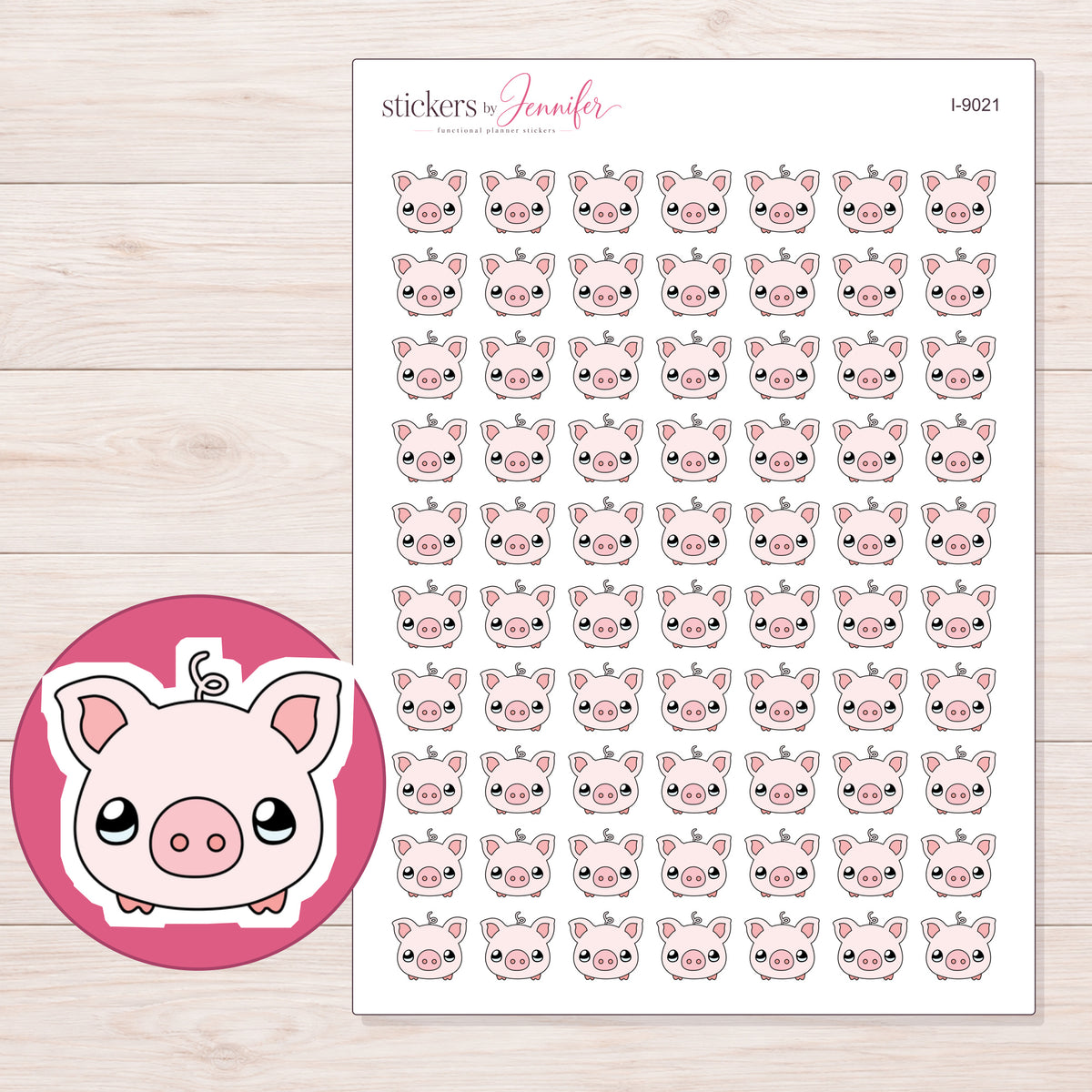 Pink Kawaii Piggy Bank Planner Stickers | I-9021 — 5 × 7 inch sheet and enlarged sticker detail