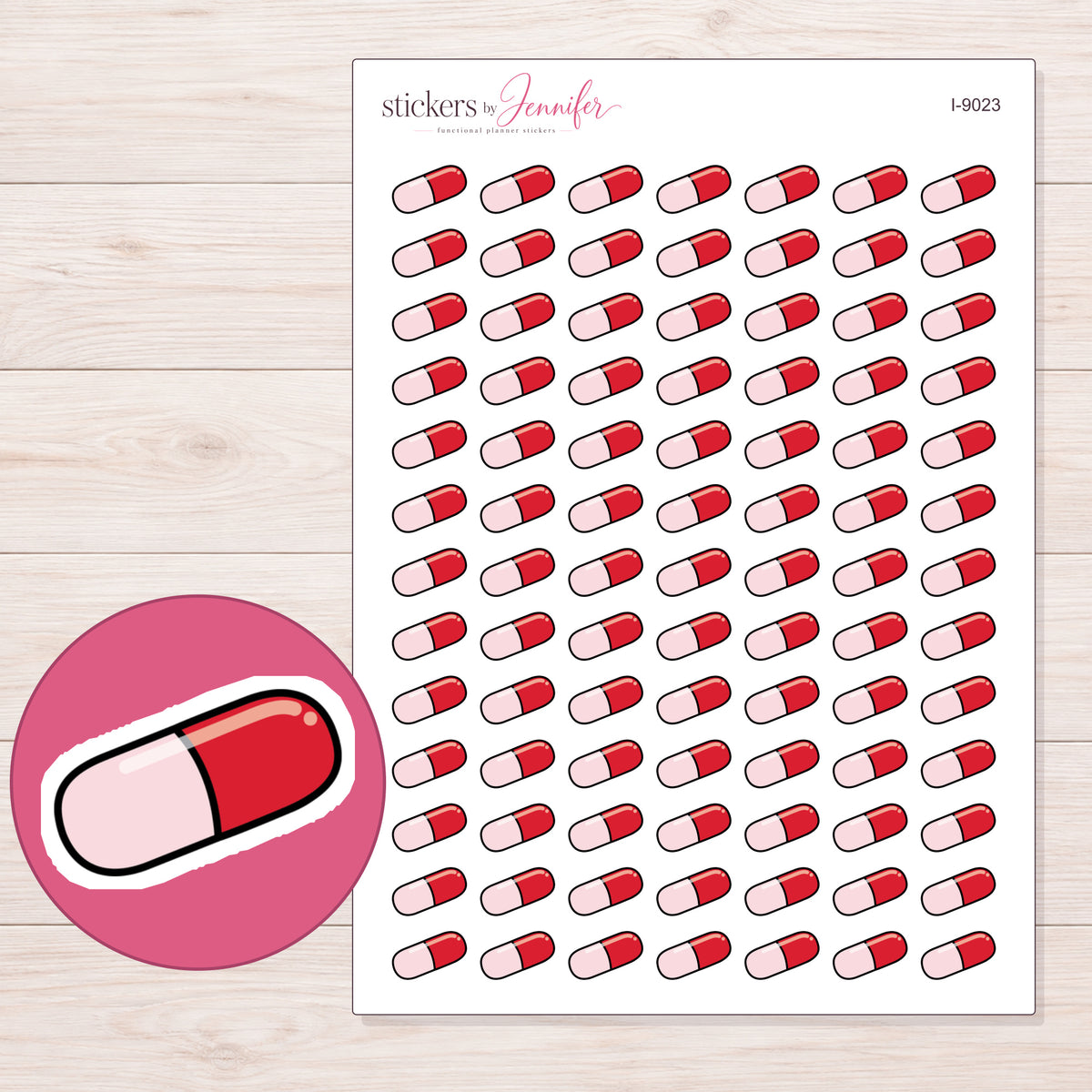 Red and Pink Capsule Planner Stickers | I-9023 — 5 × 7 inch sheet and enlarged sticker detail