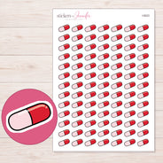 Red and Pink Capsule Planner Stickers | I-9023 — 5 × 7 inch sheet and enlarged sticker detail