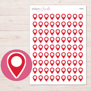 Red Location Pin Planner Stickers | I-9024 — 5 × 7 inch sheet and enlarged sticker detail