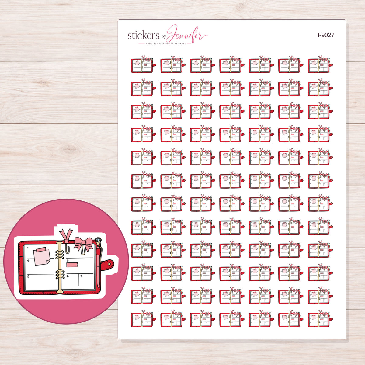 Open Decorated Planner Planner Stickers | I-9027 — 5 × 7 inch sheet and enlarged sticker detail