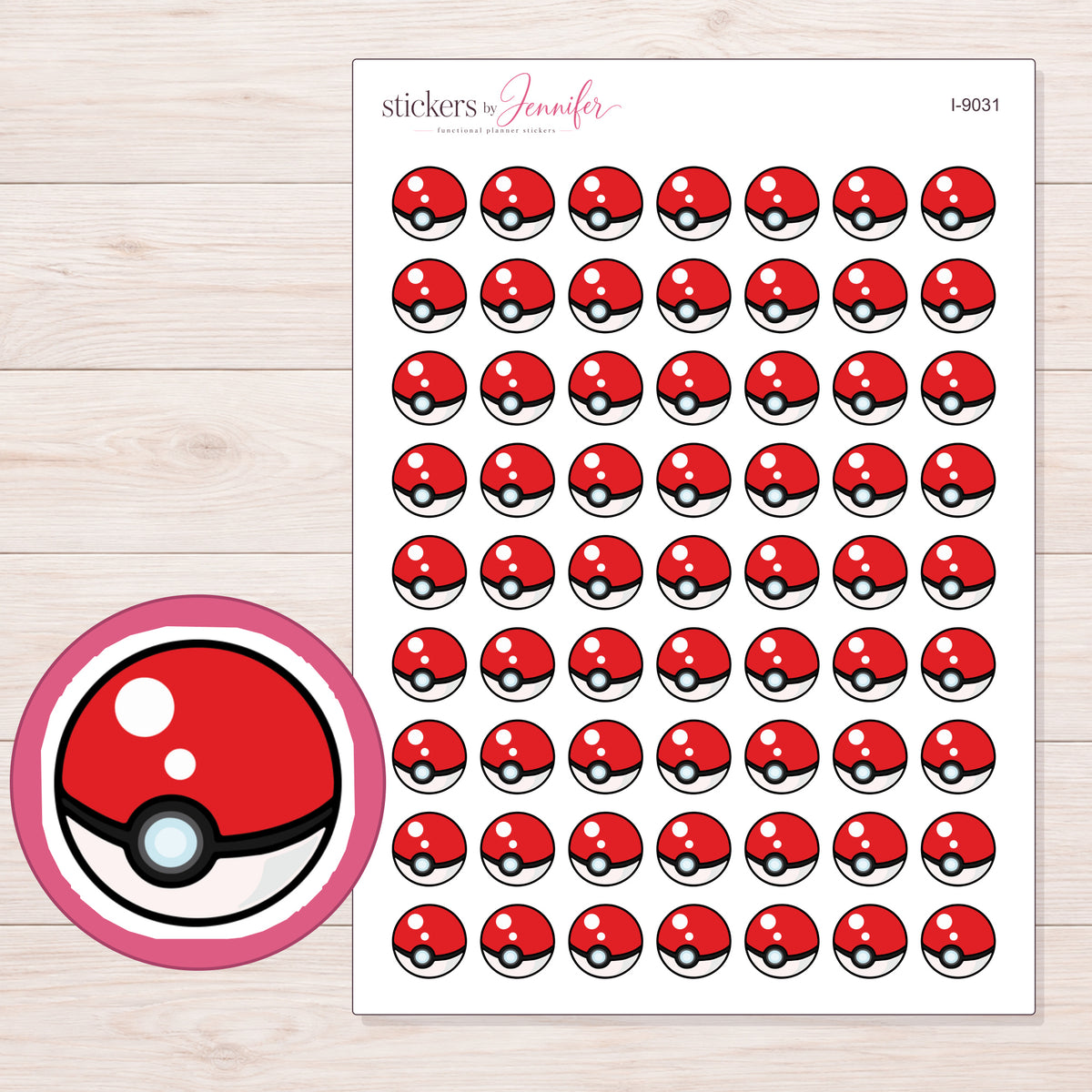 Red and White Poke Ball Planner Stickers | I-9031 — 5 × 7 inch sheet and enlarged sticker detail