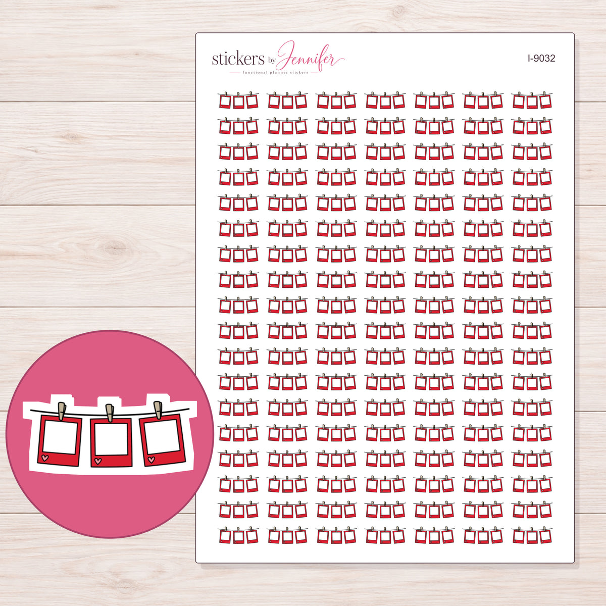 Red Hanging Photo Frames Planner Stickers | I-9032 — 5 × 7 inch sheet and enlarged sticker detail