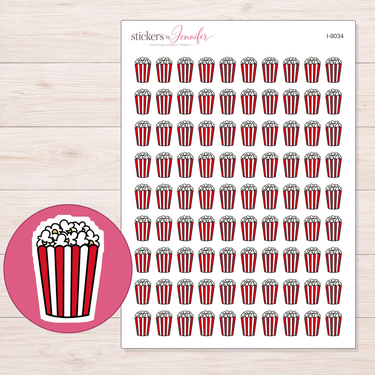 Red Striped Popcorn Tub Planner Stickers | I-9034 — 5 × 7 inch sheet and enlarged sticker detail