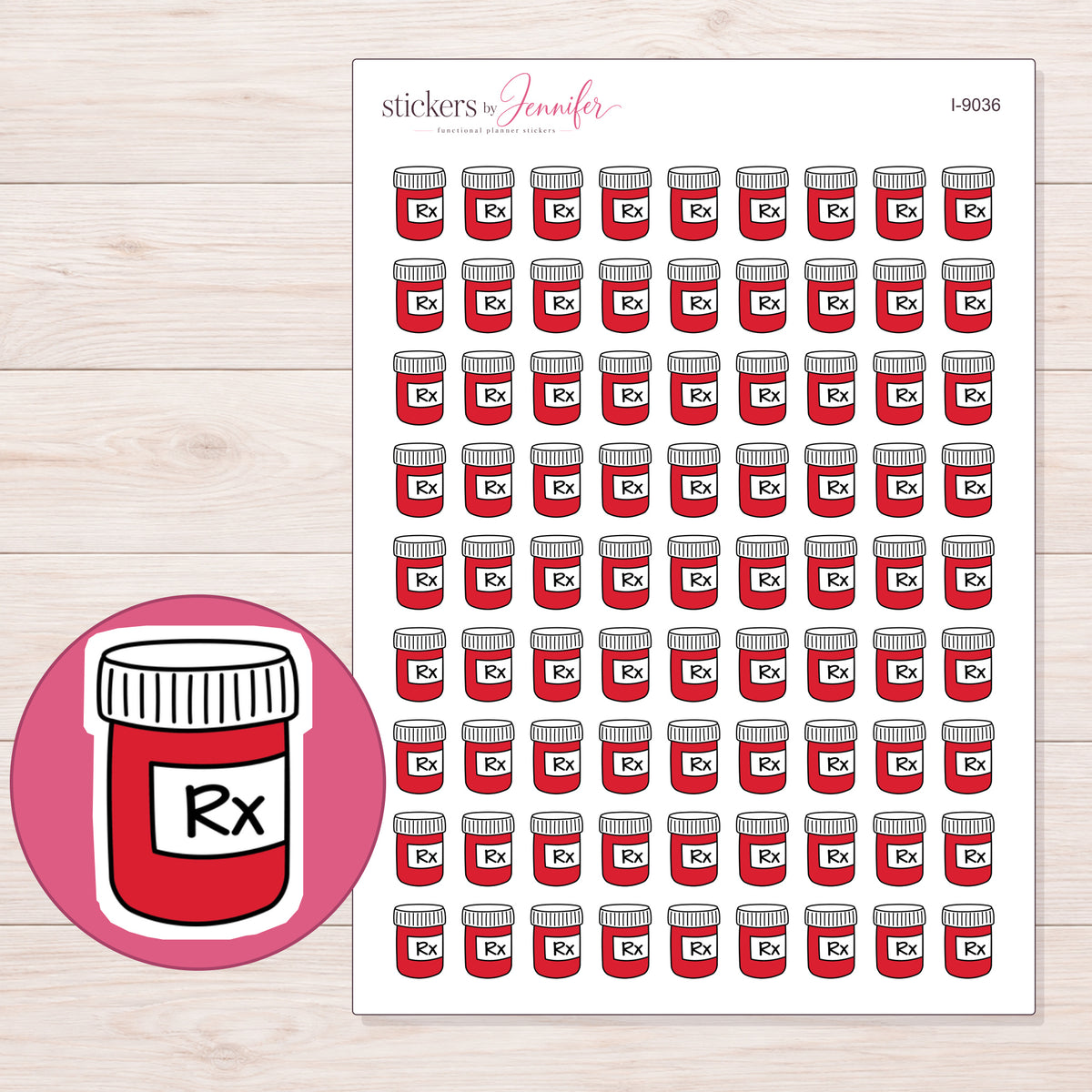 Red Prescription Bottle Planner Stickers | I-9036 — 5 × 7 inch sheet and enlarged sticker detail