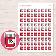 Red Prescription Bottle Planner Stickers | I-9036 — 5 × 7 inch sheet and enlarged sticker detail