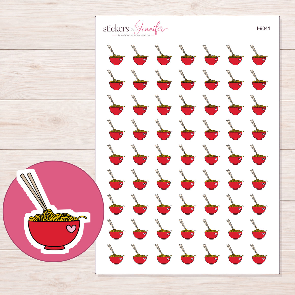 Red Heart Ramen Bowl Planner Stickers | I-9041 — 5 × 7 inch sheet and enlarged sticker detail