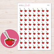 Red Heart Ramen Bowl Planner Stickers | I-9041 — 5 × 7 inch sheet and enlarged sticker detail