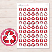 Red Recycling Symbol Planner Stickers | I-9043 — 5 × 7 inch sheet and enlarged sticker detail