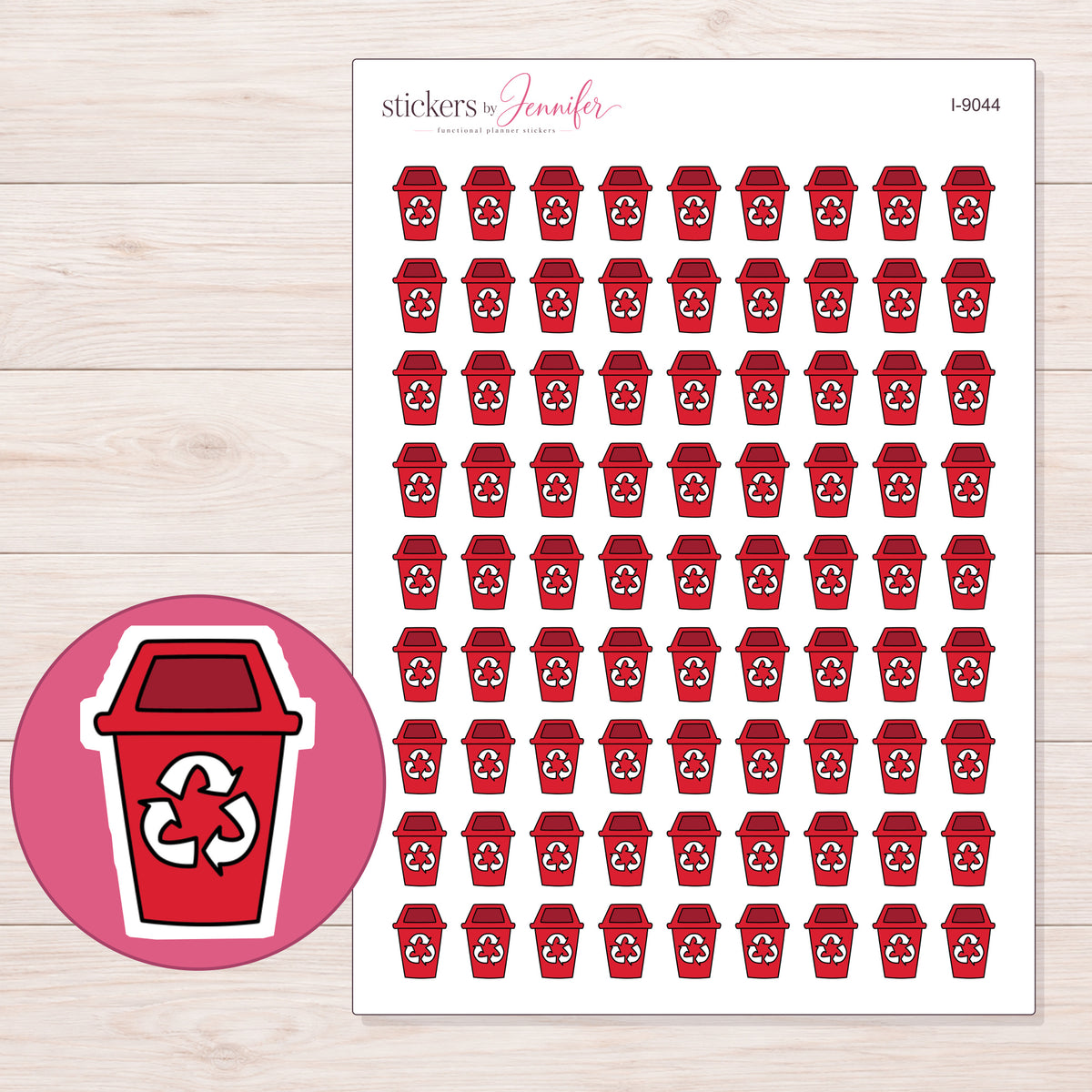 Red Recycling Bin Planner Stickers | I-9044 — 5 × 7 inch sheet and enlarged sticker detail