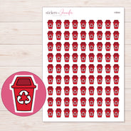Red Recycling Bin Planner Stickers | I-9044 — 5 × 7 inch sheet and enlarged sticker detail