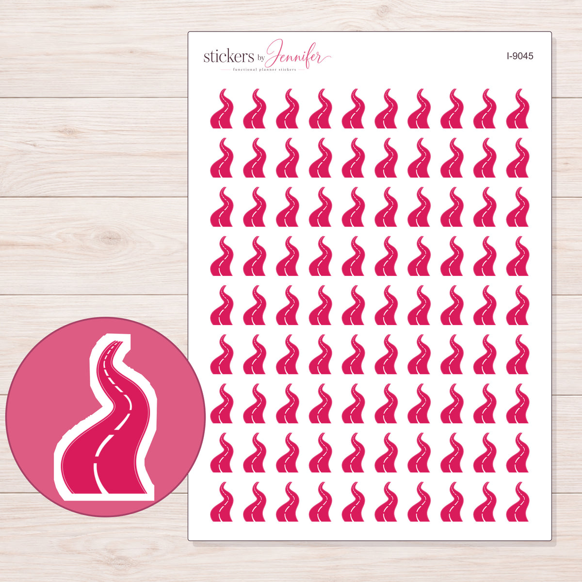 Pink Winding Road Planner Stickers | I-9045 — 5 × 7 inch sheet and enlarged sticker detail