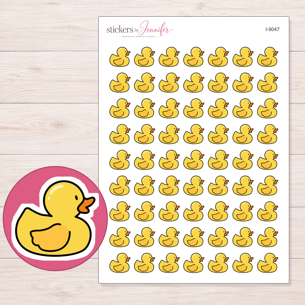 Yellow Rubber Duck Planner Stickers | I-9047 — 5 × 7 inch sheet and enlarged sticker detail