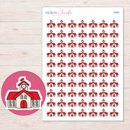Red Schoolhouse Planner Stickers | I-9049 — 5 × 7 inch sheet and enlarged sticker detail