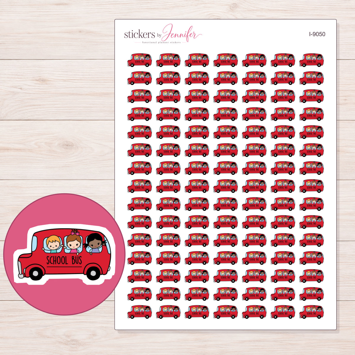 Red School Bus Planner Stickers | I-9050 — 5 × 7 inch sheet and enlarged sticker detail