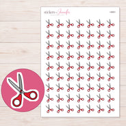 Red Handled Scissors Planner Stickers | I-9051 — 5 × 7 inch sheet and enlarged sticker detail