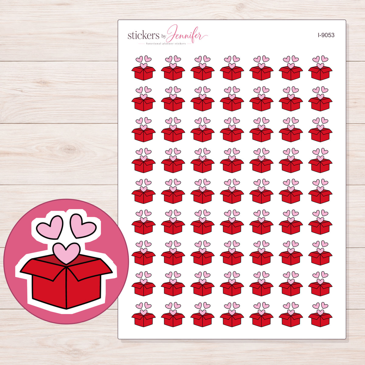 Red Happy Mail Box Planner Stickers | I-9053 — 5 × 7 inch sheet and enlarged sticker detail