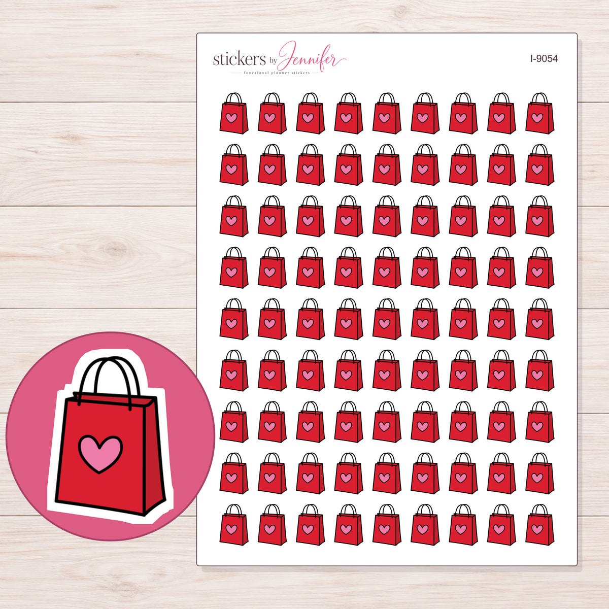Red Heart Shopping Bag Planner Stickers | I-9054 — 5 × 7 inch sheet and enlarged sticker detail