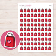 Red Heart Shopping Bag Planner Stickers | I-9054 — 5 × 7 inch sheet and enlarged sticker detail