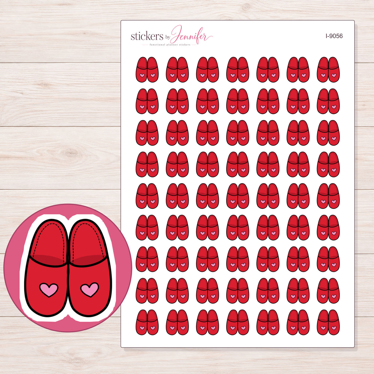 Red Heart Slippers Planner Stickers | I-9056 — 5 × 7 inch sheet and enlarged sticker detail